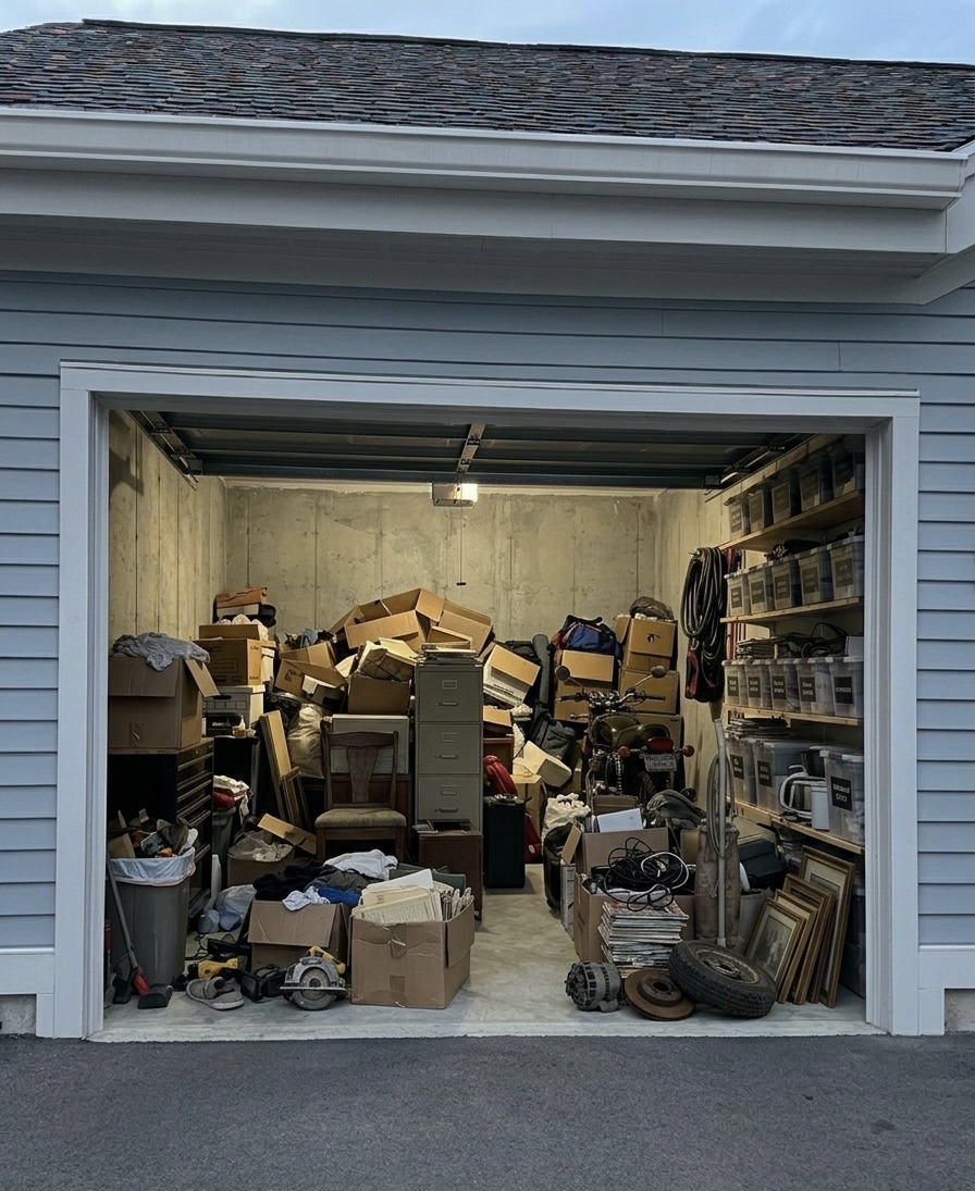 Garage before cleanout — packed with boxes and junk